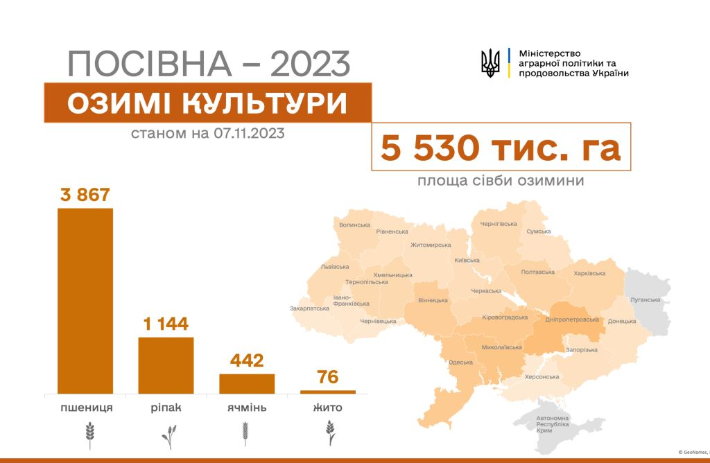 В Україні посіяно понад 5,5 млн. гектарів озимих культур